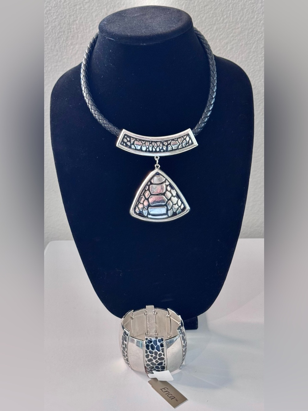 Silver and leather statement necklace with matching cuff bracelet
